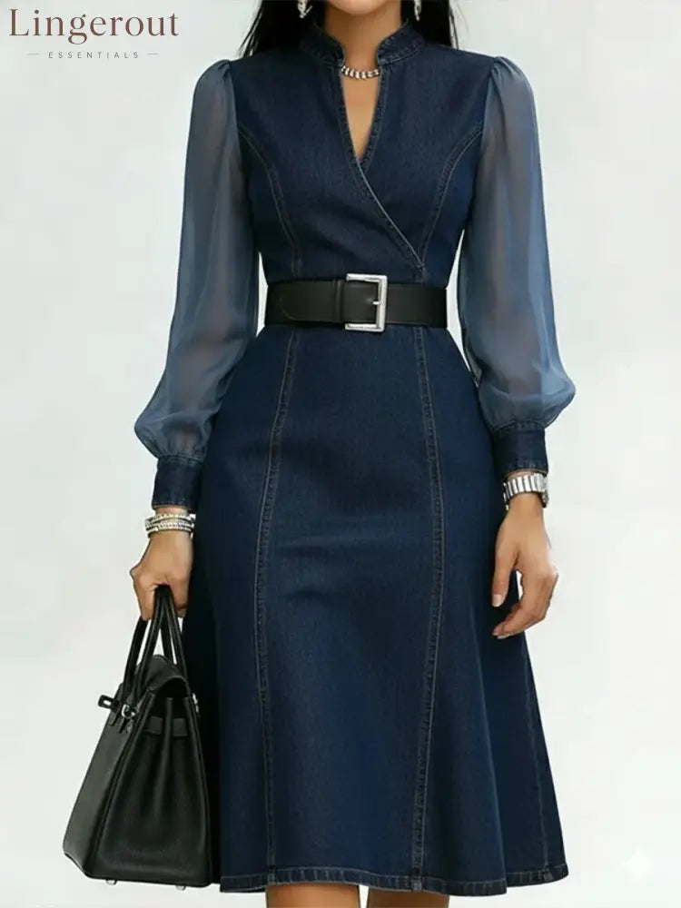 Belted Wrap V Neck Flared Hem Business Casual Dress - Blue / S
