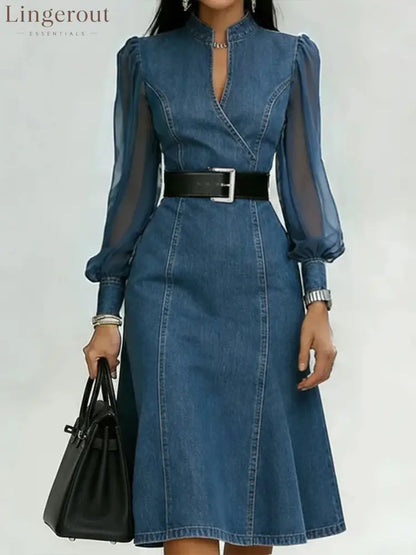 Belted Wrap V Neck Flared Hem Business Casual Dress - Light blue / S