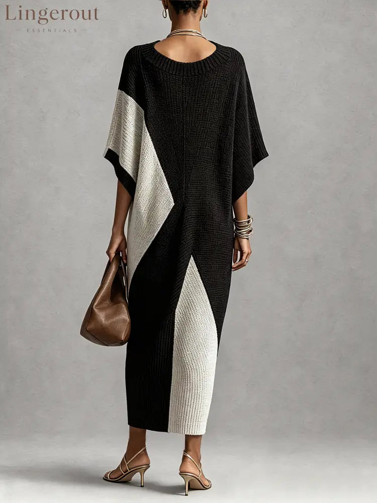 Black And White Textured Colorblock V-Neck Midi Dress