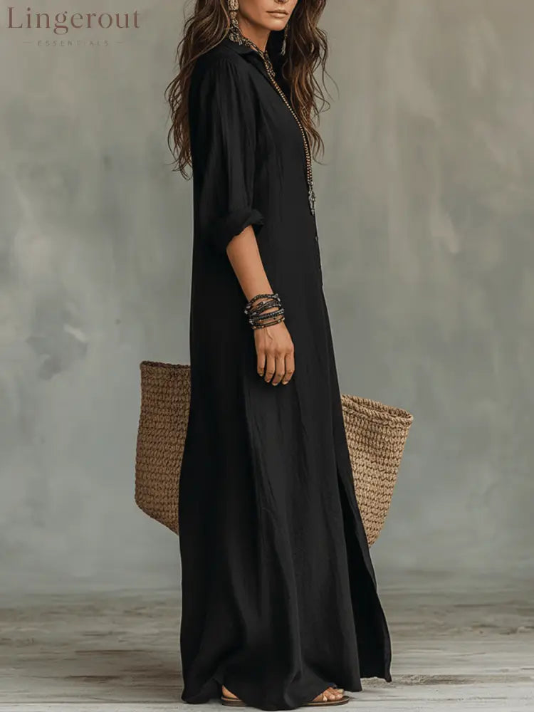 Black Button-Front Bohemian Shirt Maxi Dress