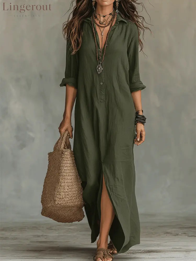 Black Button-Front Bohemian Shirt Maxi Dress - Green / S