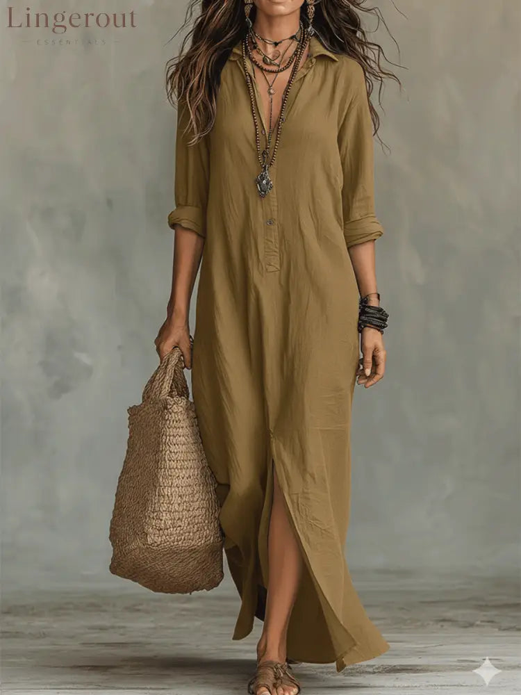 Black Button-Front Bohemian Shirt Maxi Dress - Khaki / S