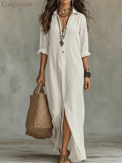Black Button-Front Bohemian Shirt Maxi Dress - White / S