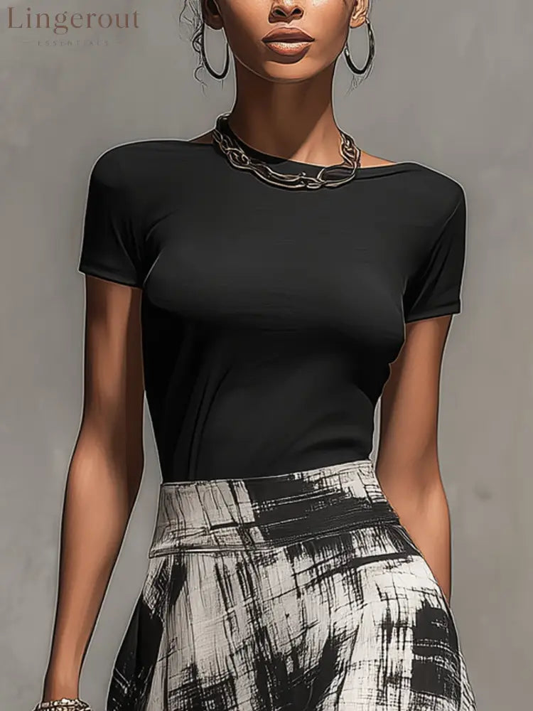 Black Chiffon Abstract Plaid Print Skirt And T-Shirt Set