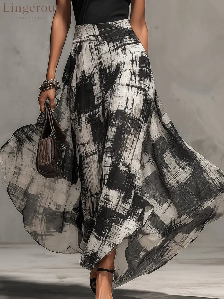Black Chiffon Abstract Plaid Print Skirt And T-Shirt Set