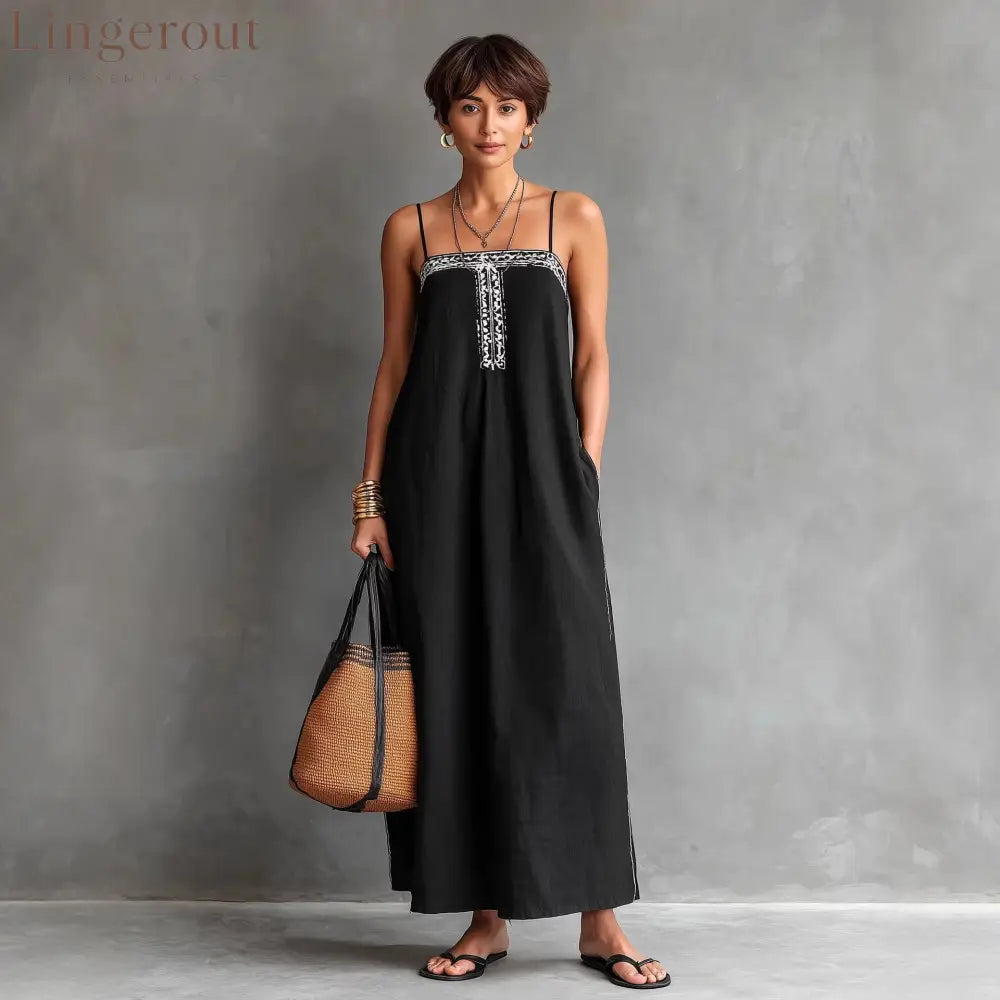 Black Embroidered Linen Maxi Dress