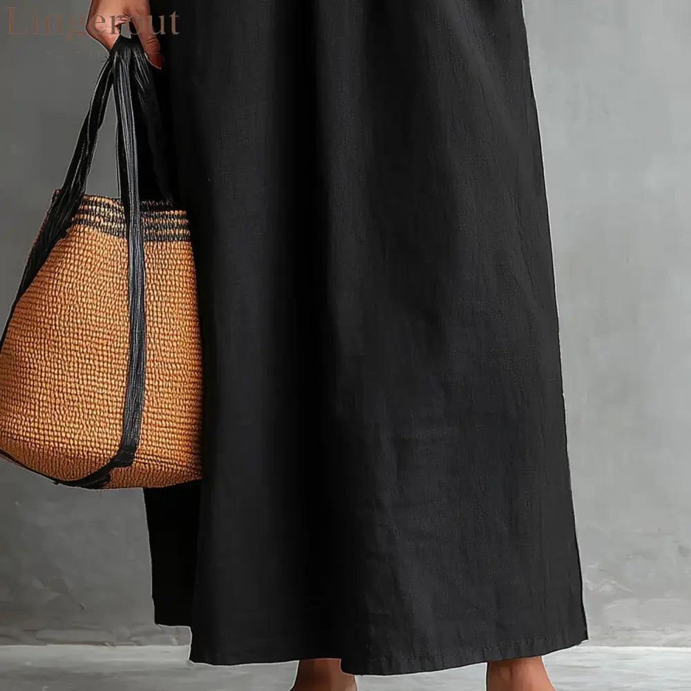 Black Embroidered Linen Maxi Dress