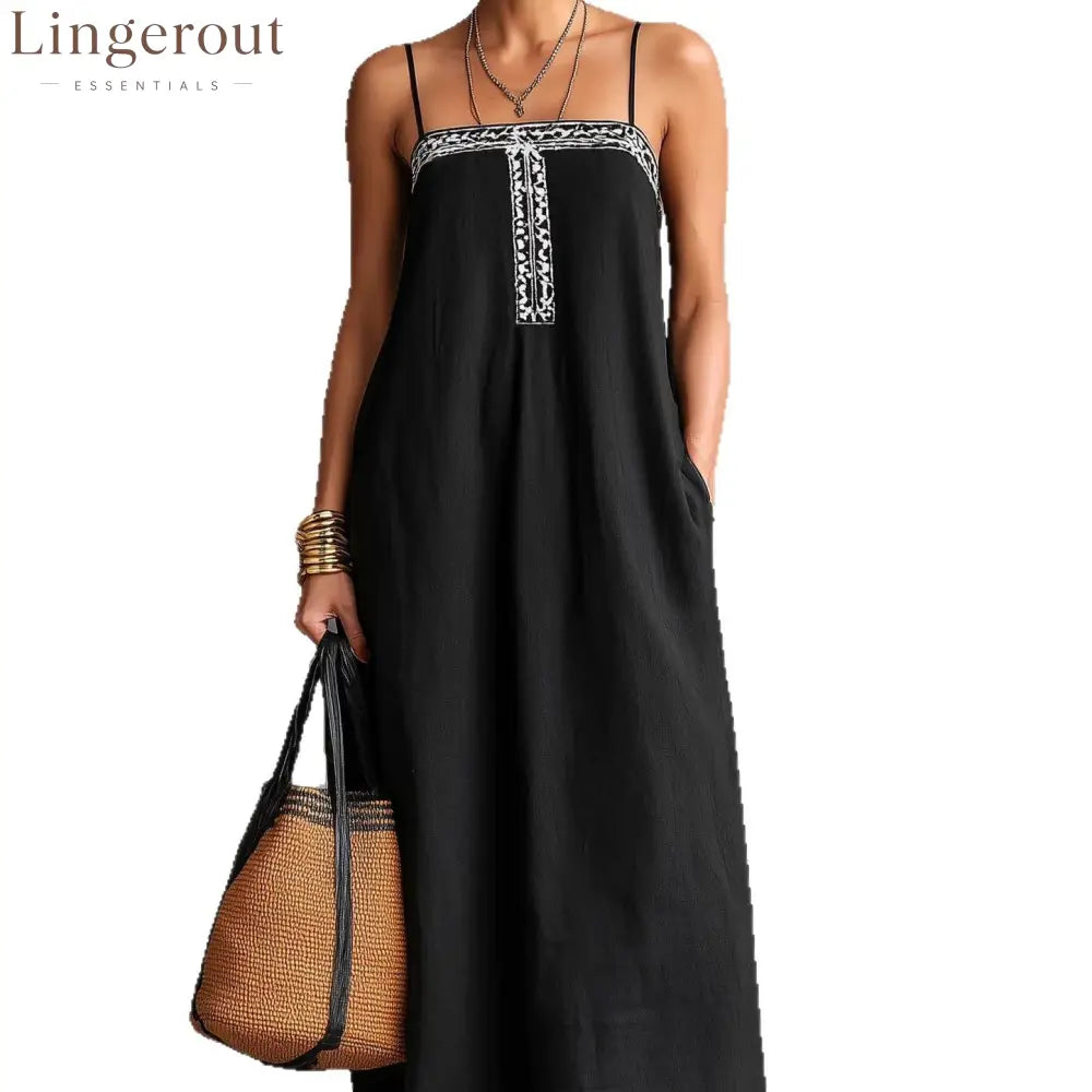 Black Embroidered Linen Maxi Dress