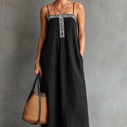 Black Embroidered Linen Maxi Dress - Black / S
