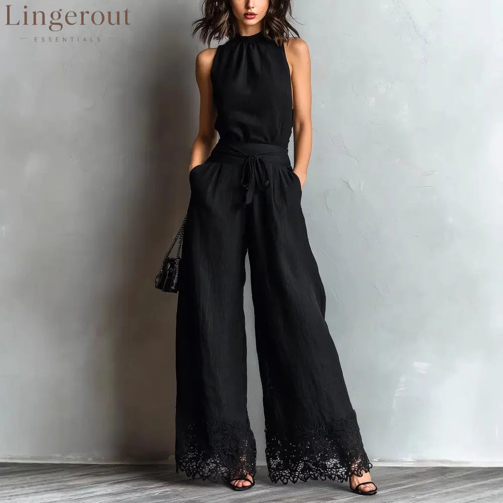 Black Faux Cotton-linen Halter Neck Vest With Tie-up Lace-trimmed Wide-leg Pants Set - Black / S