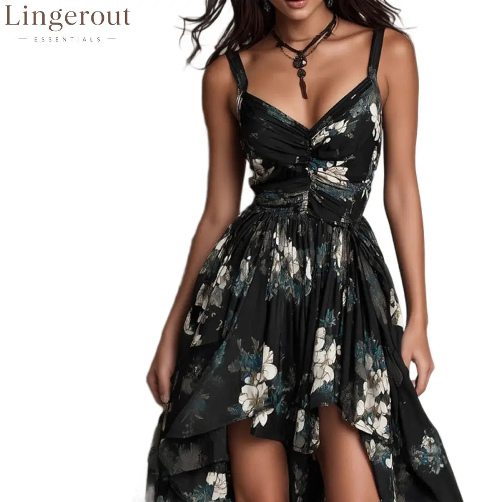 Black Floral High-Low Maxi Dress