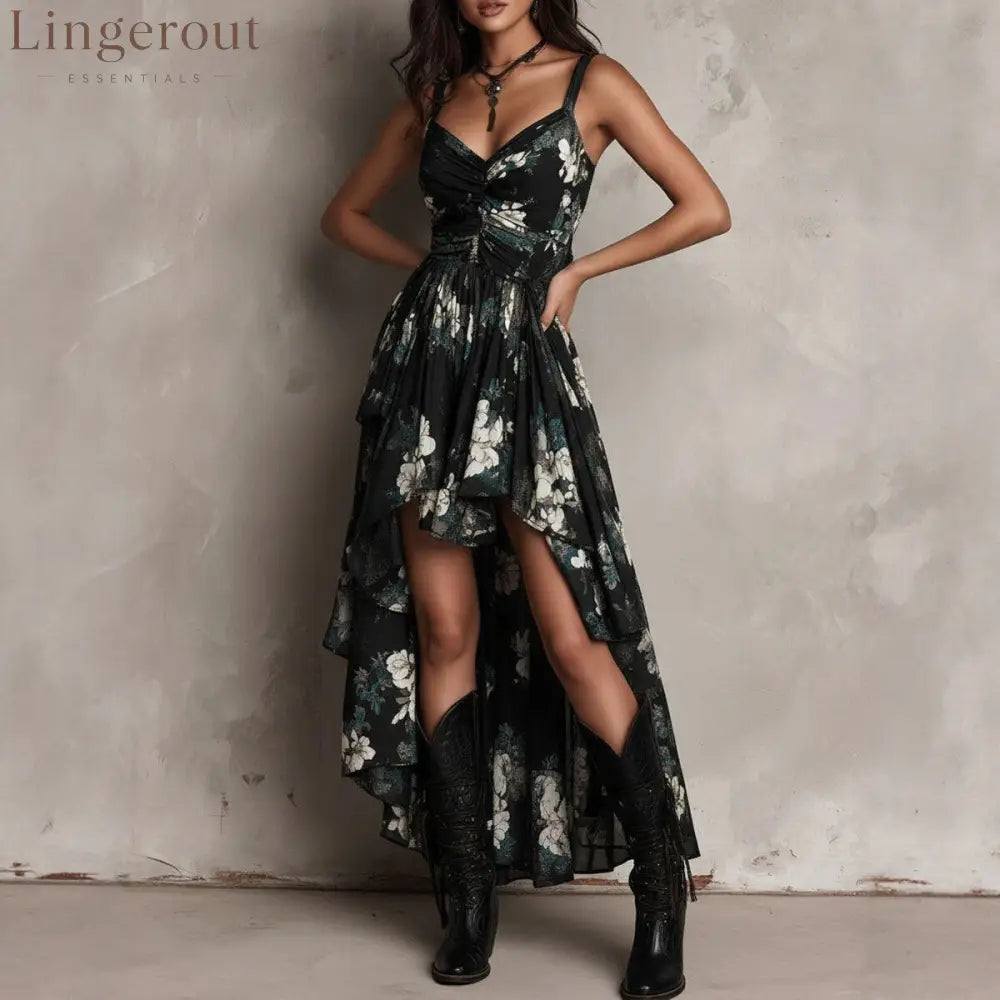 Black Floral High-Low Maxi Dress - Black / S
