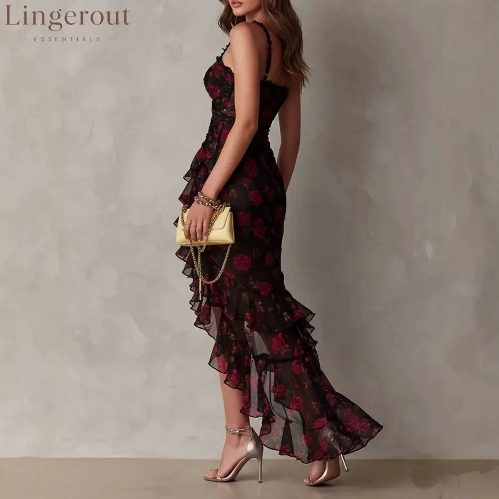 Black Flower Print Irregular Ruffle Suspender Dress