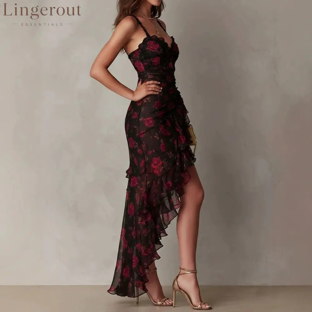 Black Flower Print Irregular Ruffle Suspender Dress