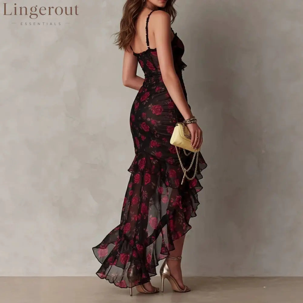 Black Flower Print Irregular Ruffle Suspender Dress