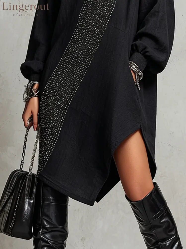 Black Hooded Asymmetrical Hem Midi Dress