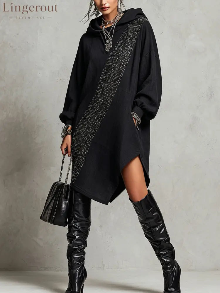 Black Hooded Asymmetrical Hem Midi Dress