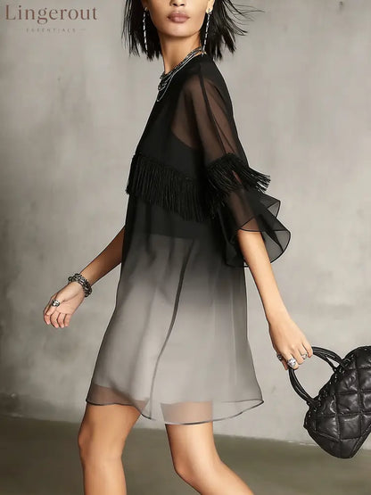 Black Ombre Sheer Fringe Detail Floaty Mini Dress