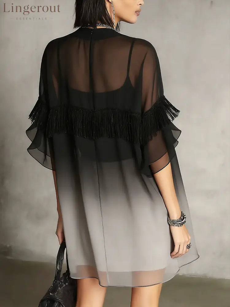 Black Ombre Sheer Fringe Detail Floaty Mini Dress