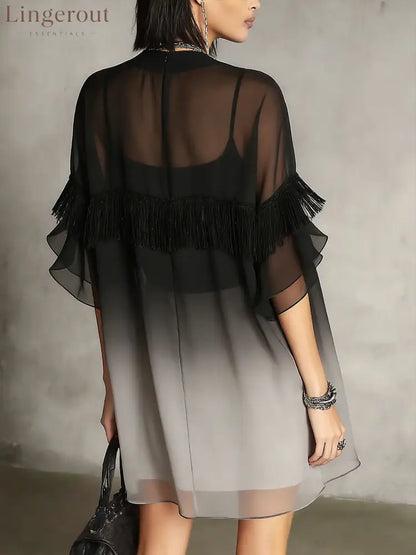 Black Ombre Sheer Fringe Detail Floaty Mini Dress
