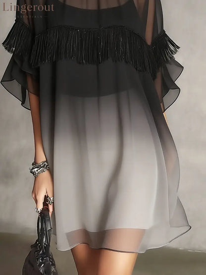 Black Ombre Sheer Fringe Detail Floaty Mini Dress