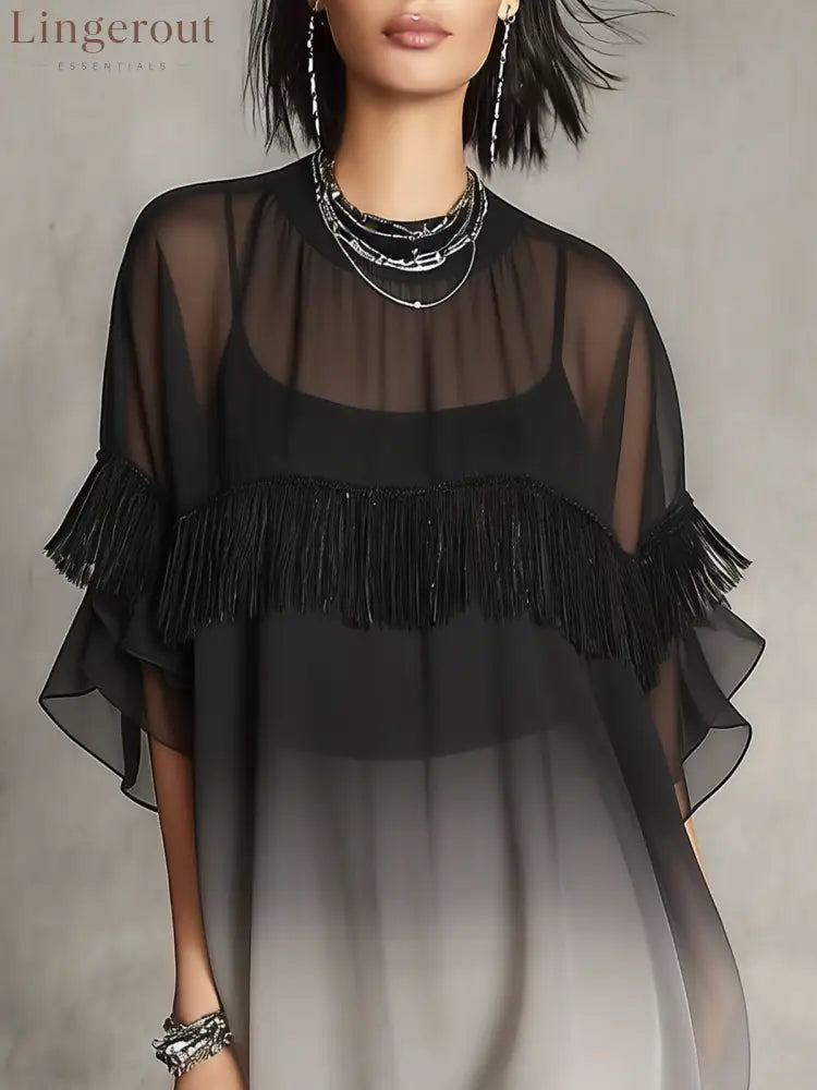 Black Ombre Sheer Fringe Detail Floaty Mini Dress