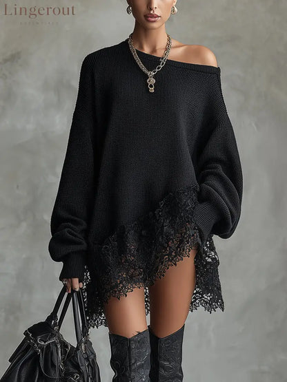 24-Hour-Shipping Black Oversized Mini Dress With Lace Hem