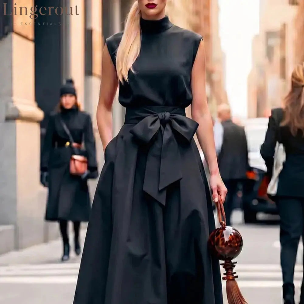 Black Turtleneck Sleeveless Dress A-Line Skirt Elegant And Fashionable Long Skirt