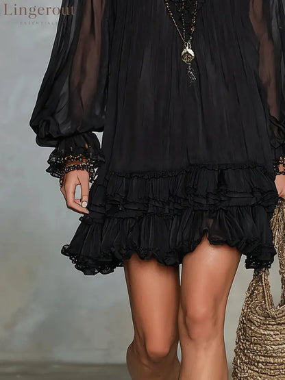 Black V-neck Lantern Sleeve Ruffled Chiffon Mini Dress