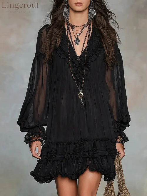 Black V-neck Lantern Sleeve Ruffled Chiffon Mini Dress - Black / XS(2)