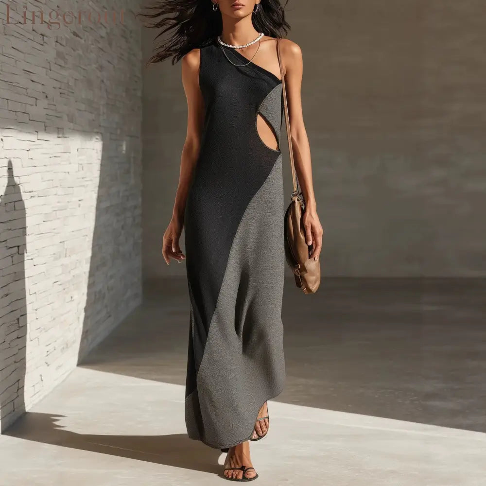 Block One Shoulder Cutout Textured Maxi Dress