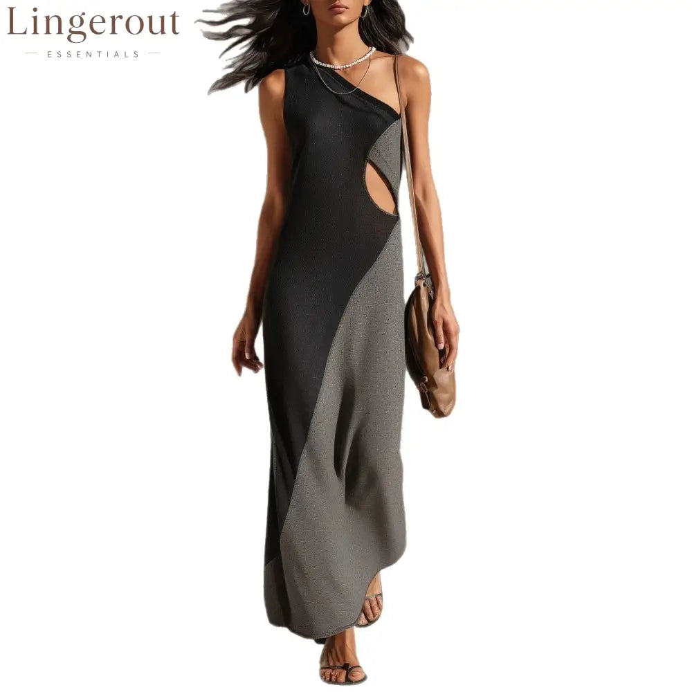 Block One Shoulder Cutout Textured Maxi Dress