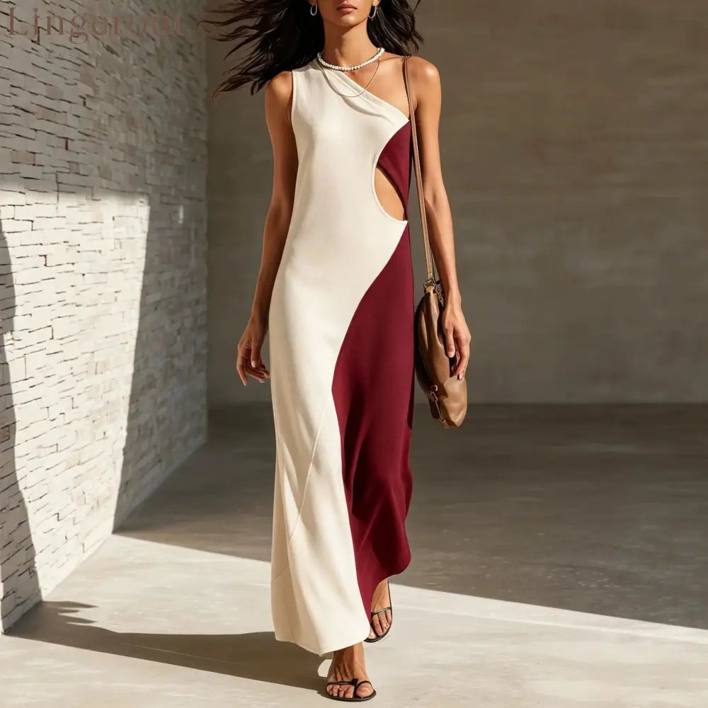 Block One Shoulder Cutout Textured Maxi Dress