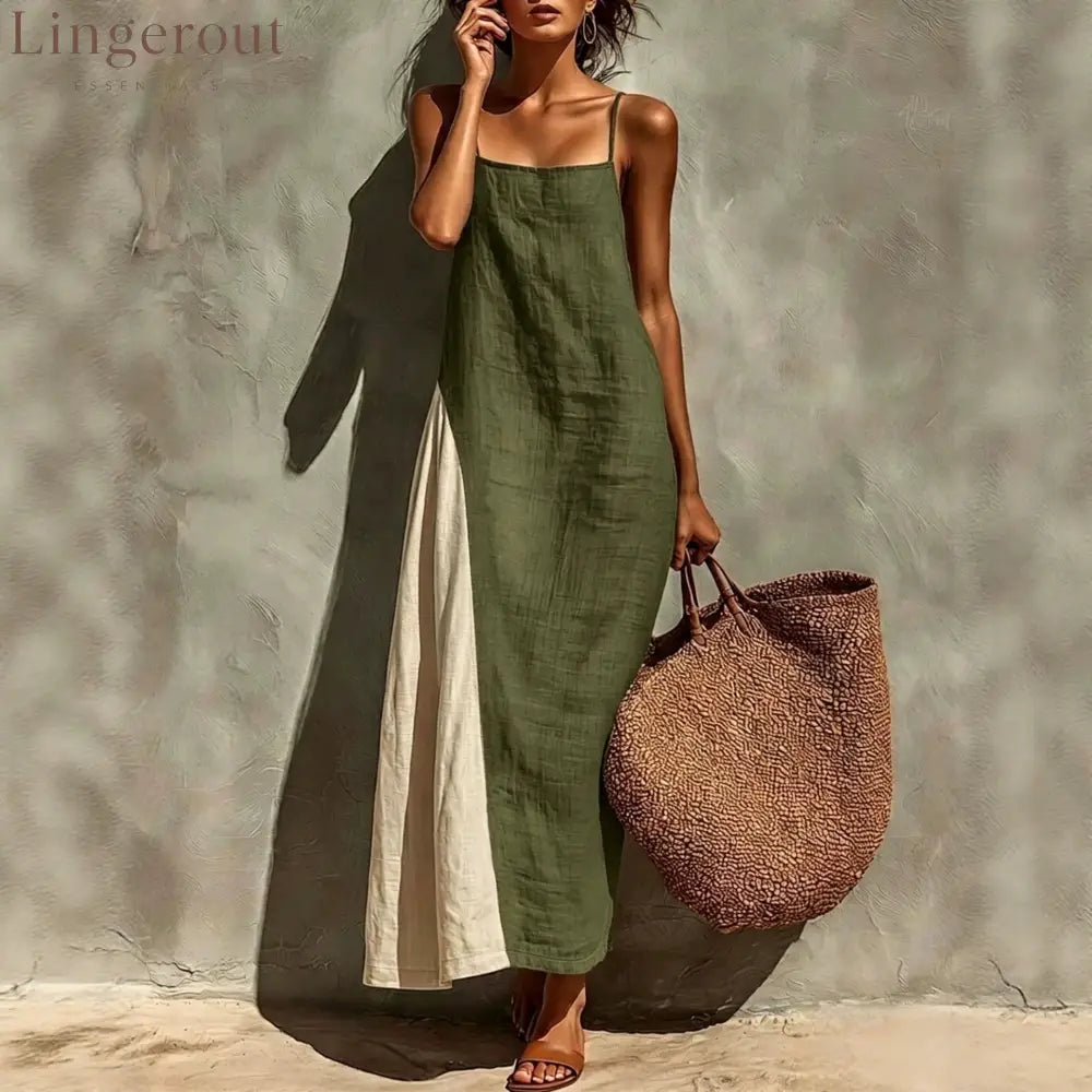 Block Spaghetti Strap Linen Asymmetrical Maxi Dress