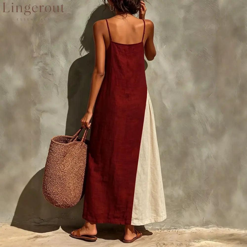 Block Spaghetti Strap Linen Asymmetrical Maxi Dress