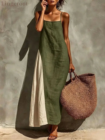 Block Spaghetti Strap Linen Asymmetrical Maxi Dress - Army green / S