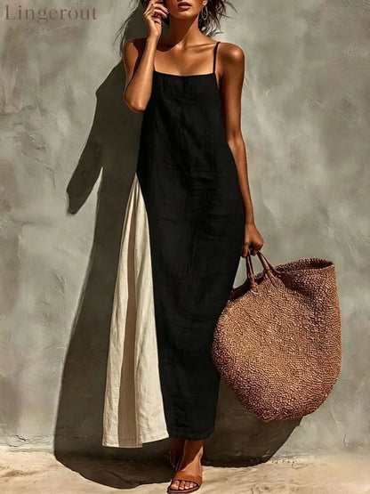 Block Spaghetti Strap Linen Asymmetrical Maxi Dress - Black / S