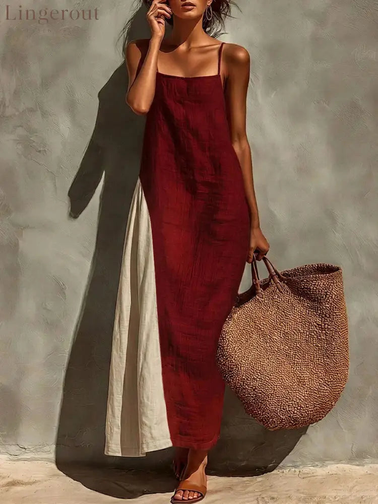 Block Spaghetti Strap Linen Asymmetrical Maxi Dress - Claret / S