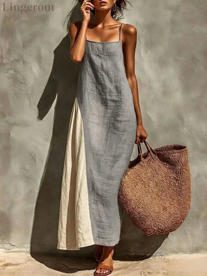 Block Spaghetti Strap Linen Asymmetrical Maxi Dress - Grey / S