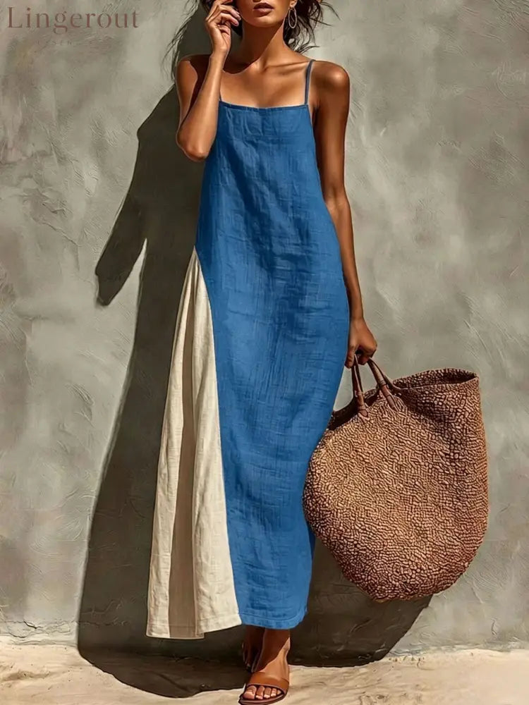 Block Spaghetti Strap Linen Asymmetrical Maxi Dress - Royal blue / S