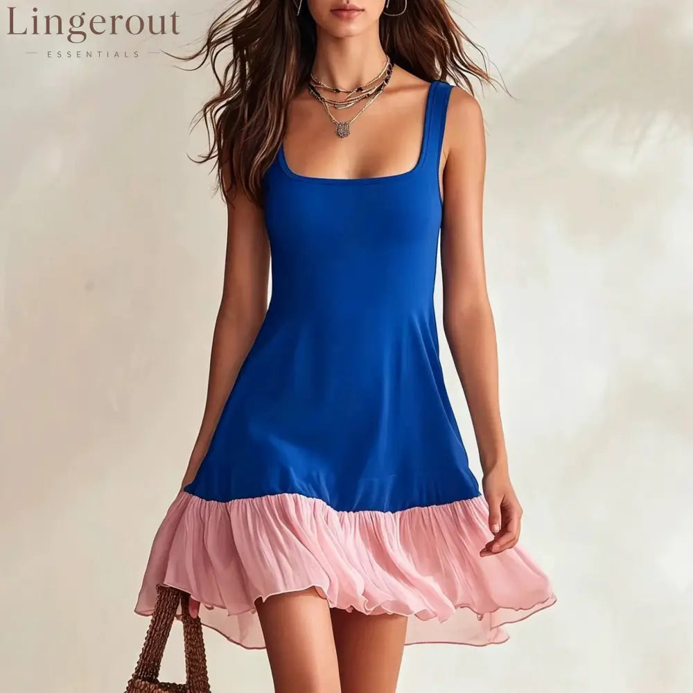 Block Square Neck Spaghetti Strap Ruffle Hem Mini Dress