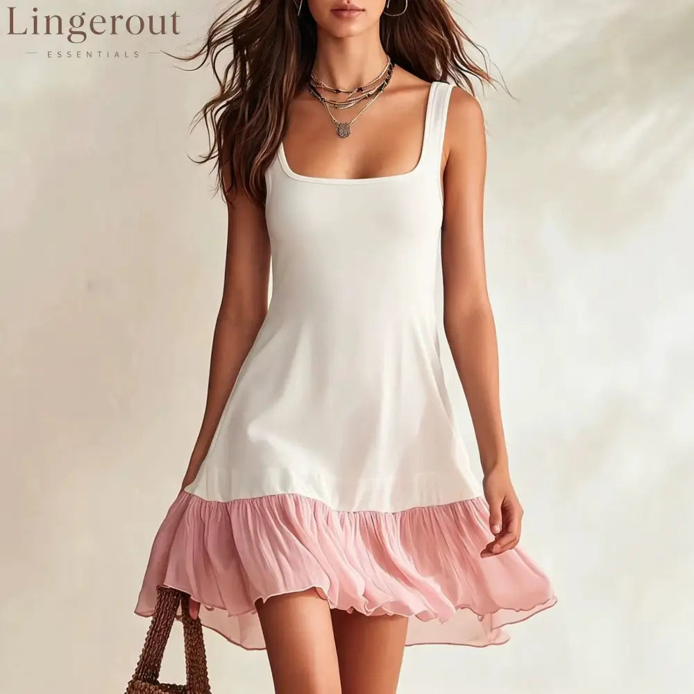 Block Square Neck Spaghetti Strap Ruffle Hem Mini Dress