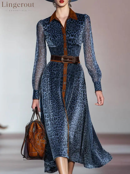 Blue Long Sleeve Leopard Midi Dress