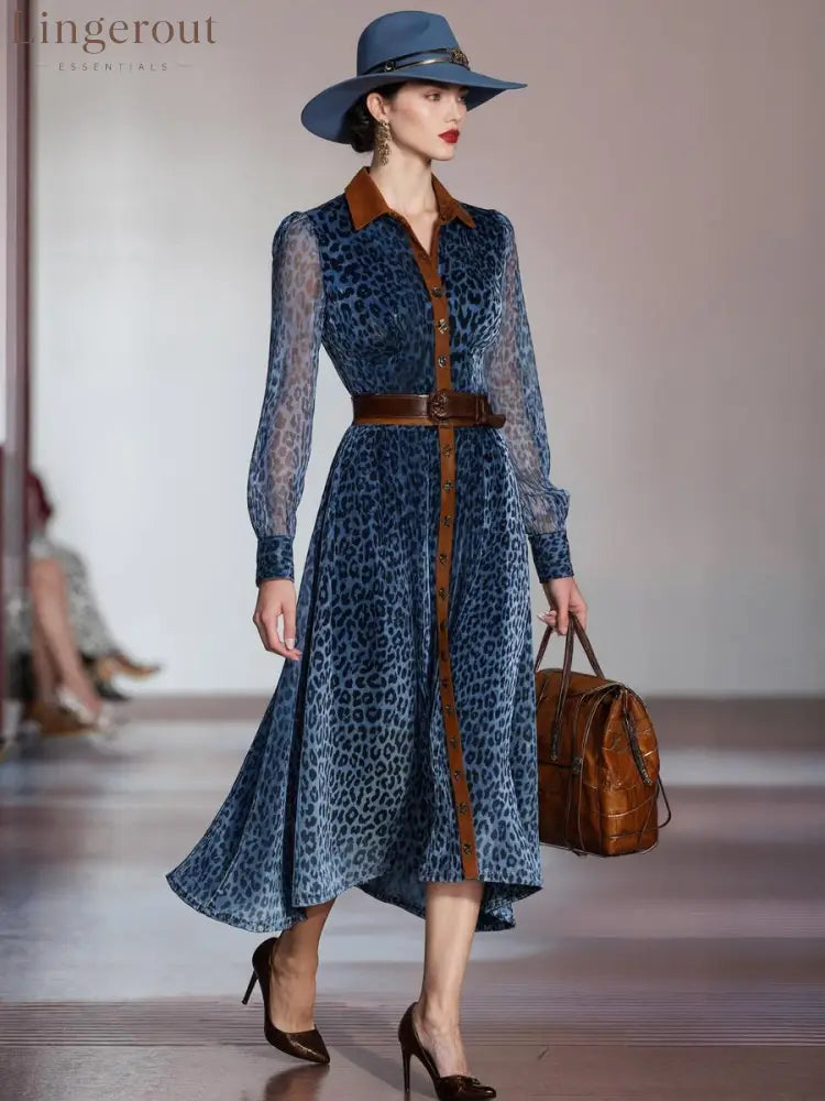 Blue Long Sleeve Leopard Midi Dress