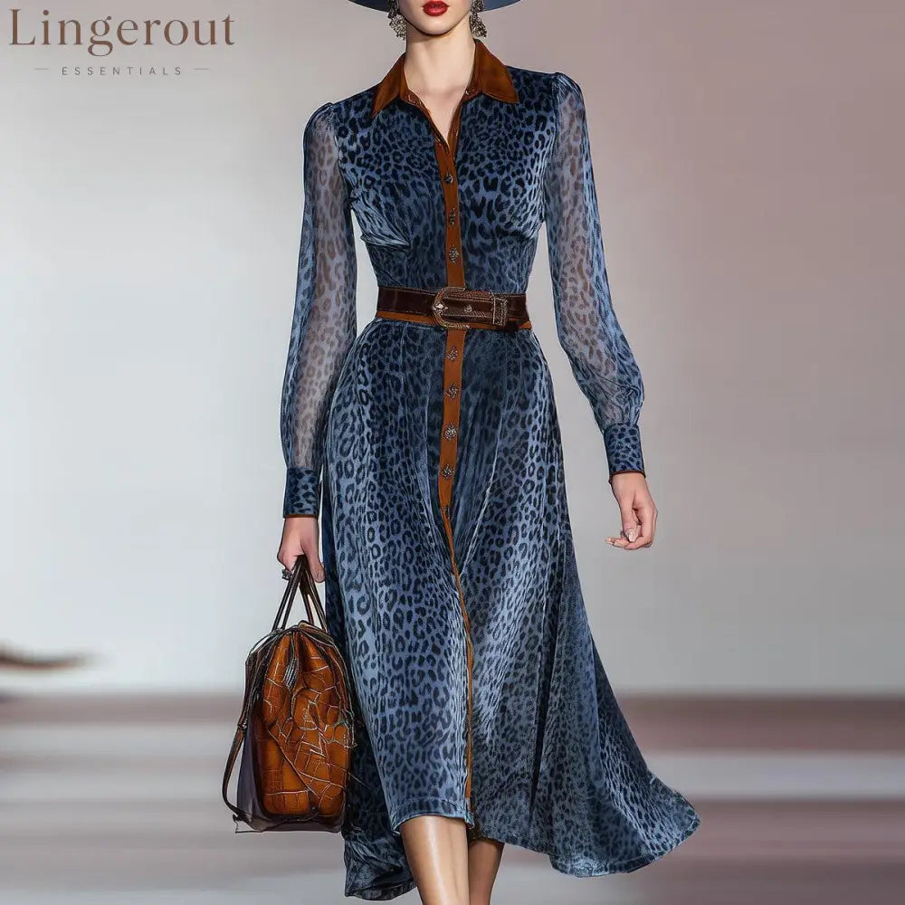 Blue Long Sleeve Leopard Midi Dress - Blue / S
