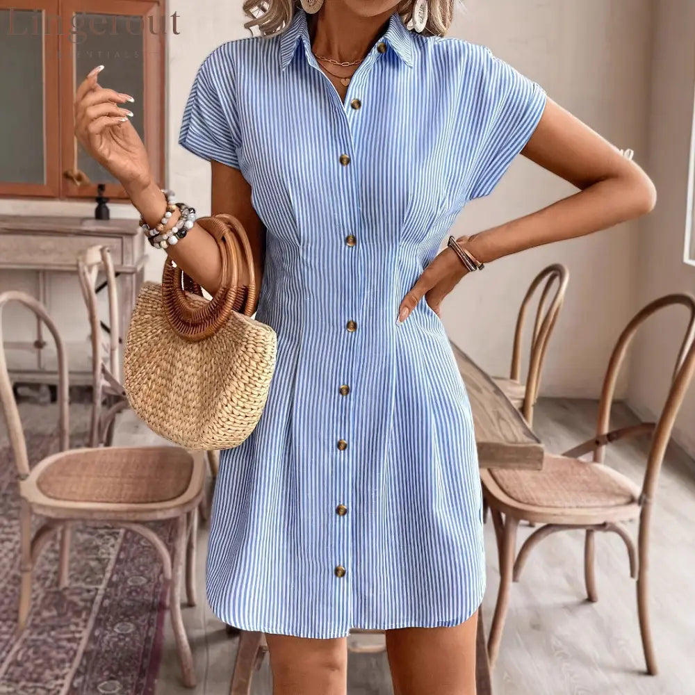 Blue Striped Button-Down Shirt Dress