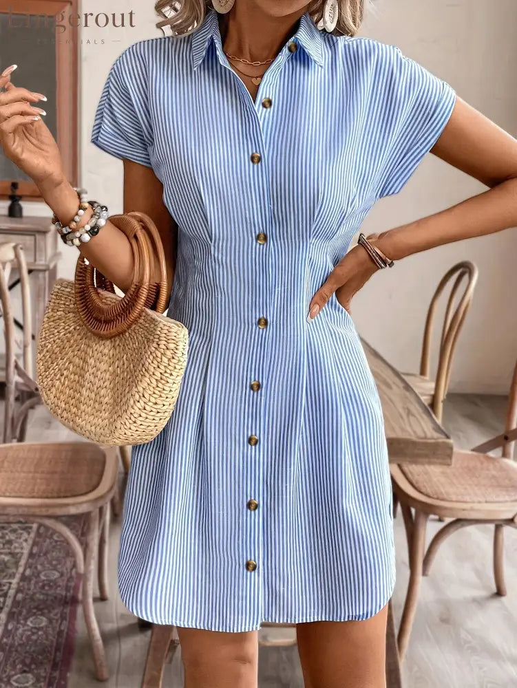 Blue Striped Button-Down Shirt Dress - Blue / XS