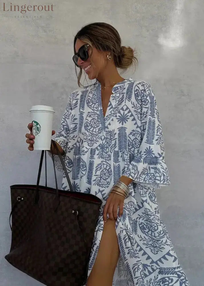 Blue V-Neck 3/4 Sleeve Mini Dress
