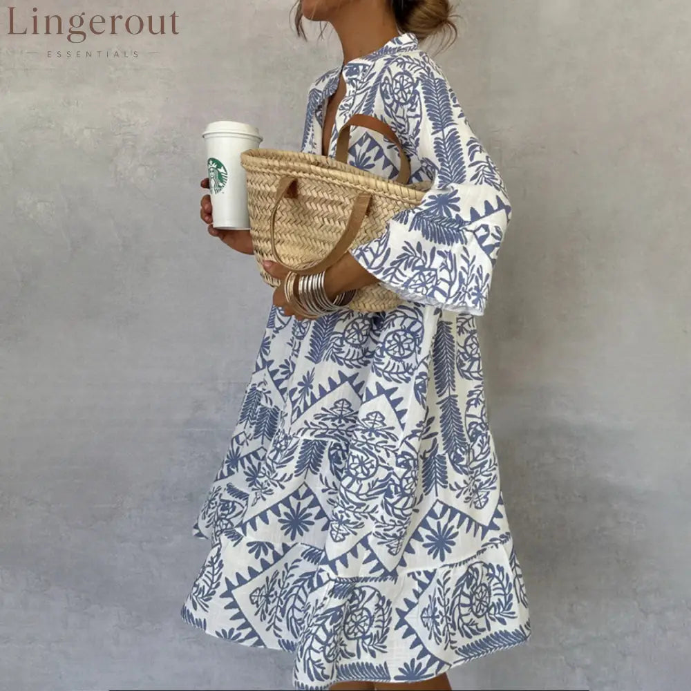 Blue V-Neck 3/4 Sleeve Mini Dress - Blue / S