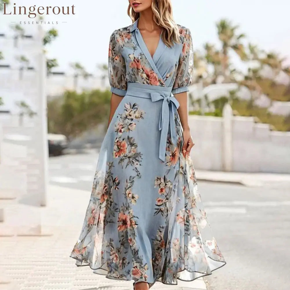 Blue V-Neck Short Sleeve Midi Dress - Blue / S